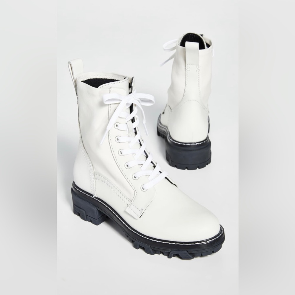 rag & bone White Leather Lace-Up Combat Boots with Black Lug Soles